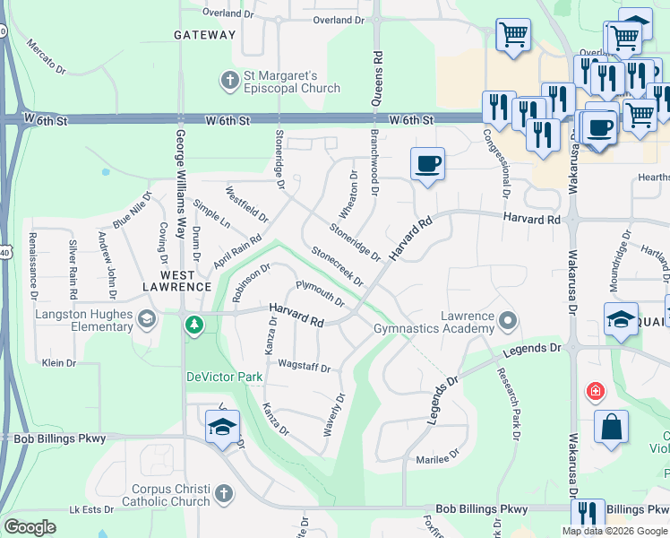 map of restaurants, bars, coffee shops, grocery stores, and more near 5612 Plymouth Drive in Lawrence