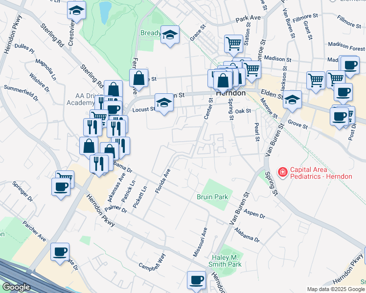 map of restaurants, bars, coffee shops, grocery stores, and more near 561 Florida Avenue in Herndon