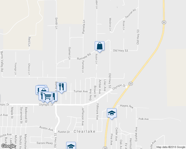 map of restaurants, bars, coffee shops, grocery stores, and more near 3193 Robin Lane in Clearlake