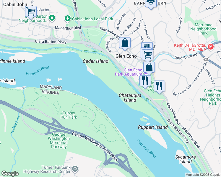 map of restaurants, bars, coffee shops, grocery stores, and more near in Glen Echo