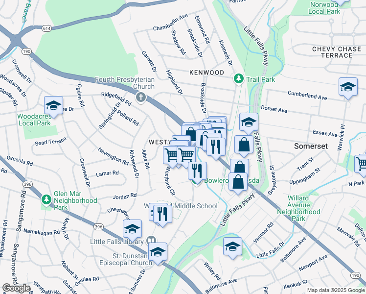 map of restaurants, bars, coffee shops, grocery stores, and more near Westbard Ave & Ridgefield Rd in Bethesda