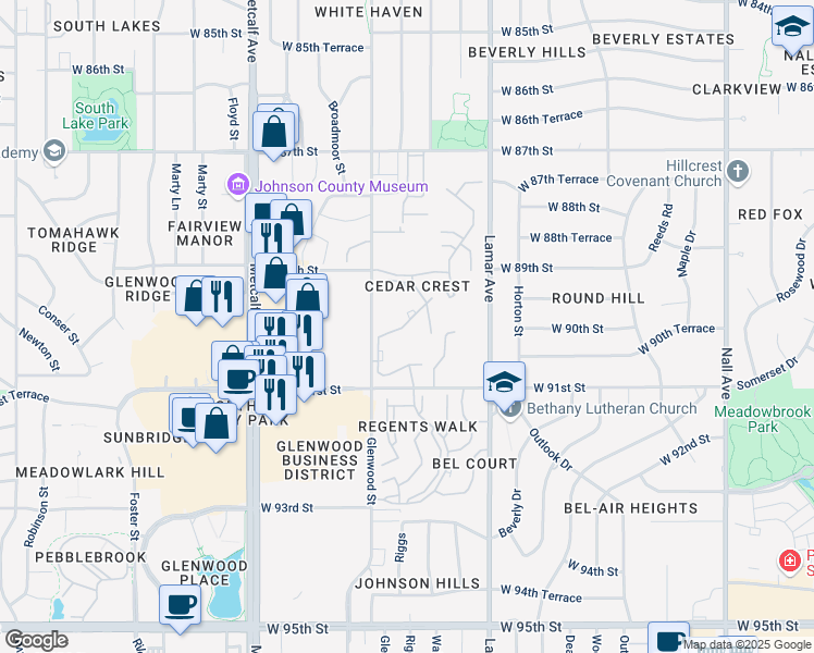 map of restaurants, bars, coffee shops, grocery stores, and more near 6527 West 91st Street in Overland Park