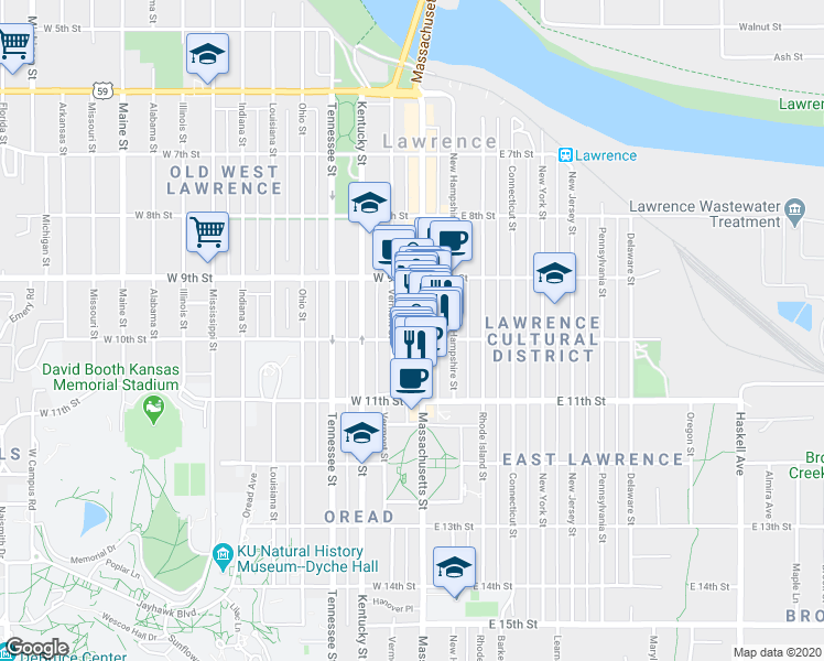 map of restaurants, bars, coffee shops, grocery stores, and more near 1001 Massachusetts Street in Lawrence