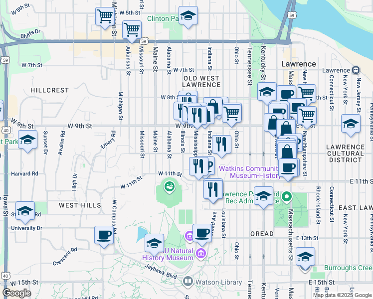 map of restaurants, bars, coffee shops, grocery stores, and more near 1001 Illinois Street in Lawrence