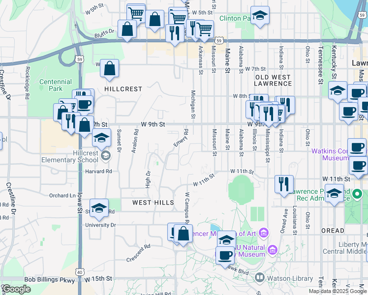 map of restaurants, bars, coffee shops, grocery stores, and more near 951 Arkansas Street in Lawrence