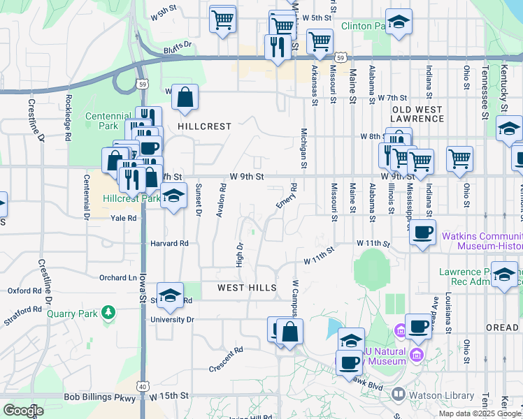 map of restaurants, bars, coffee shops, grocery stores, and more near 1012 Emery Road in Lawrence