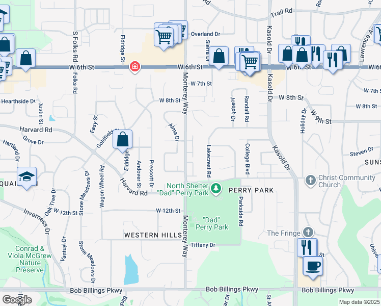 map of restaurants, bars, coffee shops, grocery stores, and more near 1000 Monterey Way in Lawrence