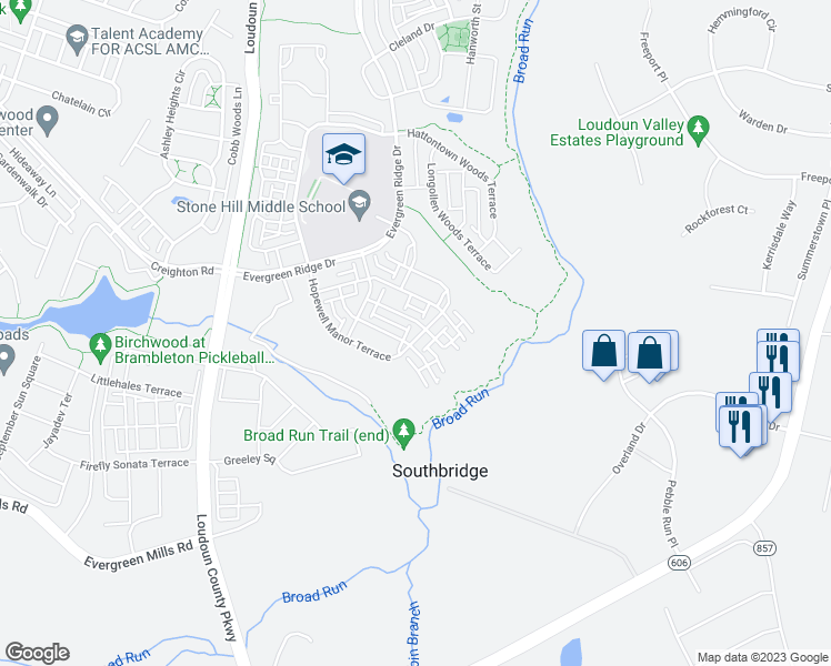 map of restaurants, bars, coffee shops, grocery stores, and more near 23656 Hopewell Manor Terrace in Ashburn