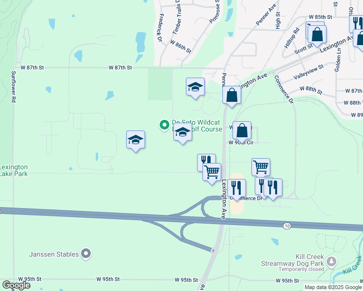 map of restaurants, bars, coffee shops, grocery stores, and more near 35000 West 91st Street in De Soto