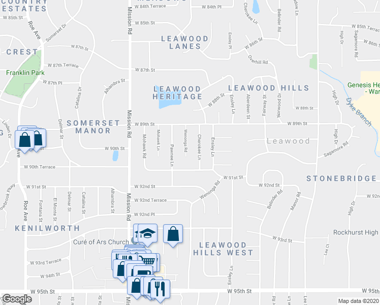 map of restaurants, bars, coffee shops, grocery stores, and more near 8923 Wenonga Road in Leawood