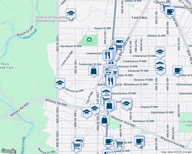 map of restaurants, bars, coffee shops, grocery stores, and more near 6236 Piney Branch Road Northwest in Washington