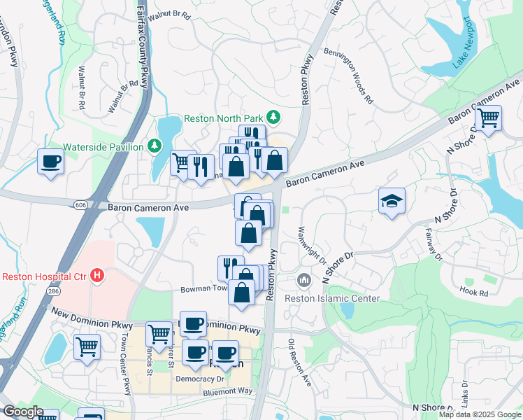 map of restaurants, bars, coffee shops, grocery stores, and more near 11806 Spectrum Center in Reston