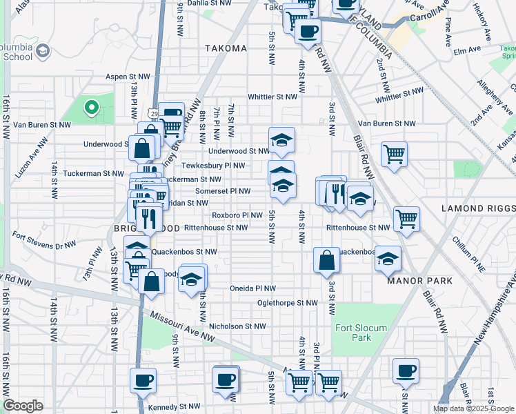 map of restaurants, bars, coffee shops, grocery stores, and more near 522 Sheridan Street Northwest in Washington