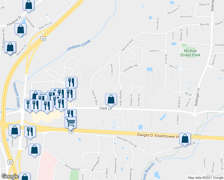 map of restaurants, bars, coffee shops, grocery stores, and more near 3902 Olympic Court in Columbia