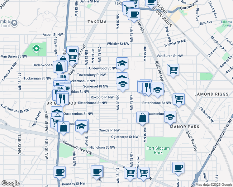 map of restaurants, bars, coffee shops, grocery stores, and more near 6222 5th Street Northwest in Washington