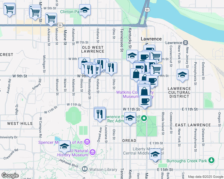 map of restaurants, bars, coffee shops, grocery stores, and more near 945 Ohio Street in Lawrence
