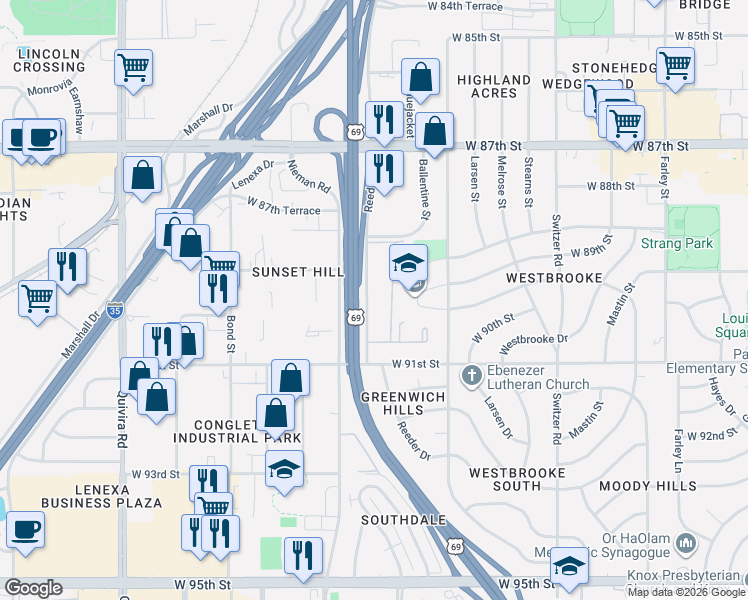 map of restaurants, bars, coffee shops, grocery stores, and more near 9009 Reeder Street in Overland Park