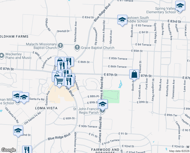map of restaurants, bars, coffee shops, grocery stores, and more near 8035 Sycamore Avenue in Kansas City