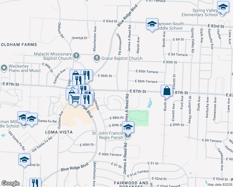 map of restaurants, bars, coffee shops, grocery stores, and more near 8001 East 88th Street in Kansas City