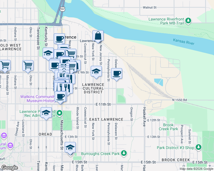 map of restaurants, bars, coffee shops, grocery stores, and more near 1001-1003 Pennsylvania Street in Lawrence