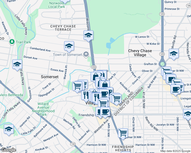 map of restaurants, bars, coffee shops, grocery stores, and more near 5630 Wisconsin Avenue in Chevy Chase