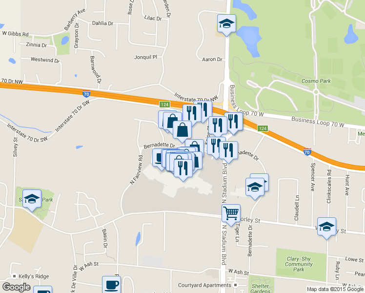 map of restaurants, bars, coffee shops, grocery stores, and more near 2300 Bernadette Drive in Columbia