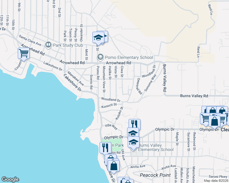 map of restaurants, bars, coffee shops, grocery stores, and more near in Clearlake