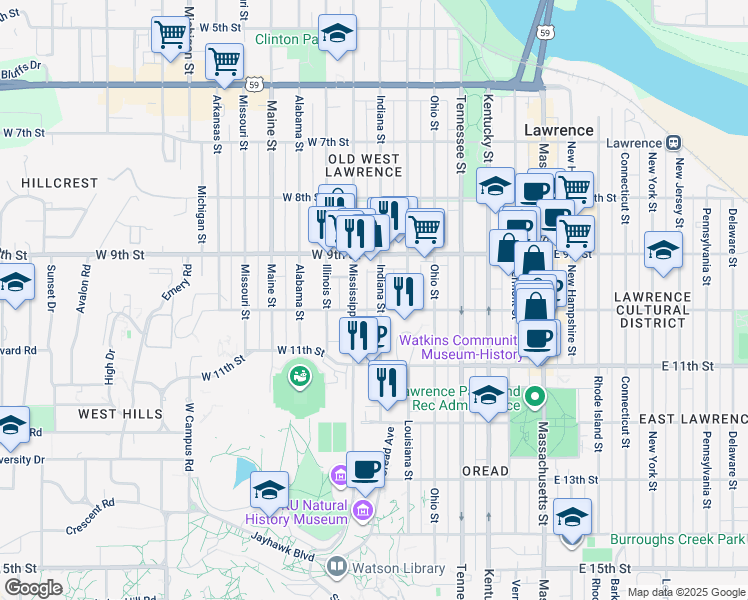 map of restaurants, bars, coffee shops, grocery stores, and more near 941 Indiana Street in Lawrence