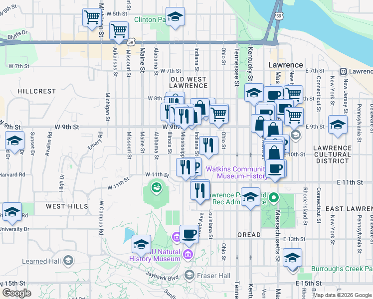 map of restaurants, bars, coffee shops, grocery stores, and more near 1000 Mississippi Street in Lawrence