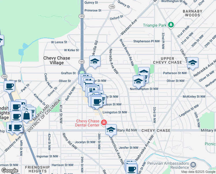 map of restaurants, bars, coffee shops, grocery stores, and more near 3711 Northampton Street Northwest in Washington