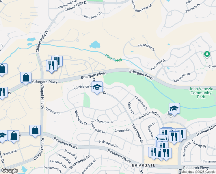 map of restaurants, bars, coffee shops, grocery stores, and more near 9190 Chetwood Drive in Colorado Springs