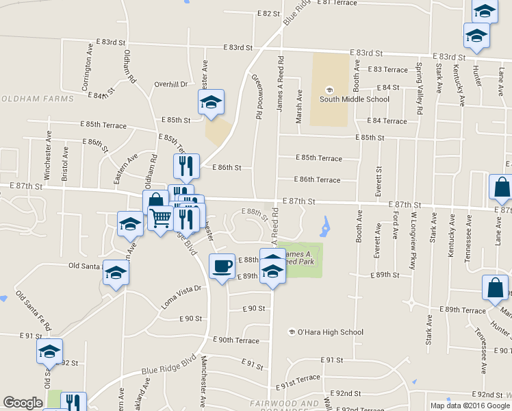 map of restaurants, bars, coffee shops, grocery stores, and more near 8035 Sycamore Avenue in Kansas City