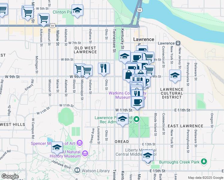 map of restaurants, bars, coffee shops, grocery stores, and more near 1003 Tennessee Street in Lawrence