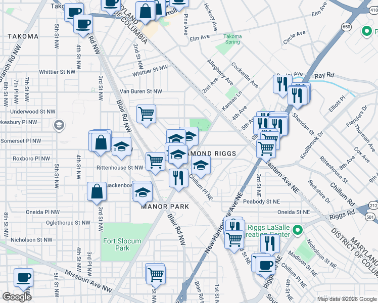map of restaurants, bars, coffee shops, grocery stores, and more near 6200 Kansas Avenue Northeast in Washington