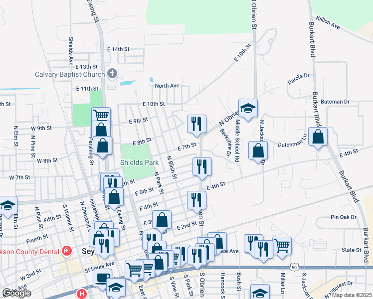 map of restaurants, bars, coffee shops, grocery stores, and more near 631 East 6th Street in Seymour
