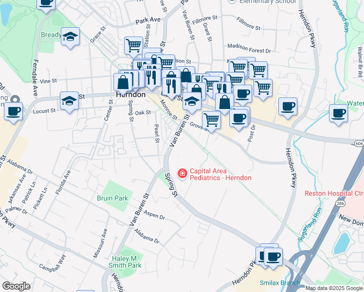map of restaurants, bars, coffee shops, grocery stores, and more near 550 Van Buren Street in Herndon