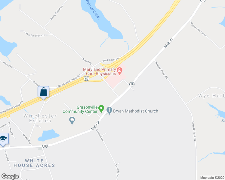 map of restaurants, bars, coffee shops, grocery stores, and more near Nesbit Road in Grasonville