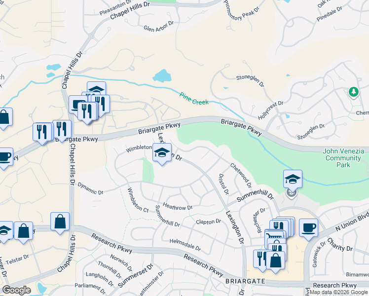 map of restaurants, bars, coffee shops, grocery stores, and more near 9190 Chetwood Drive in Colorado Springs