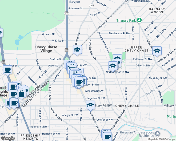 map of restaurants, bars, coffee shops, grocery stores, and more near 3711 Northampton Street Northwest in Washington