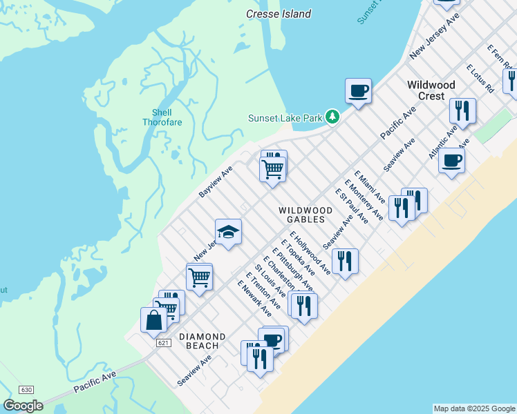 map of restaurants, bars, coffee shops, grocery stores, and more near 111 East Topeka Avenue in Wildwood Crest