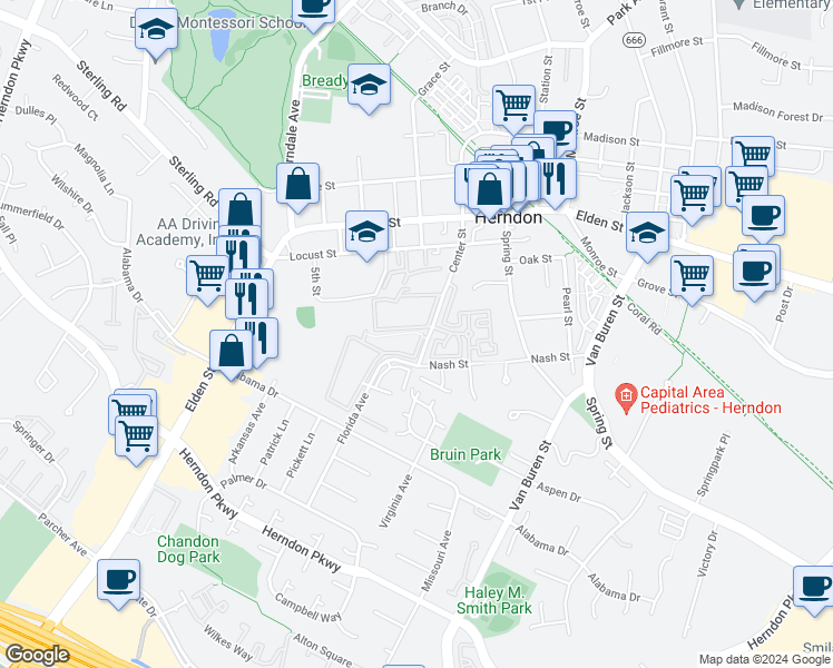 map of restaurants, bars, coffee shops, grocery stores, and more near 561 Florida Avenue in Herndon