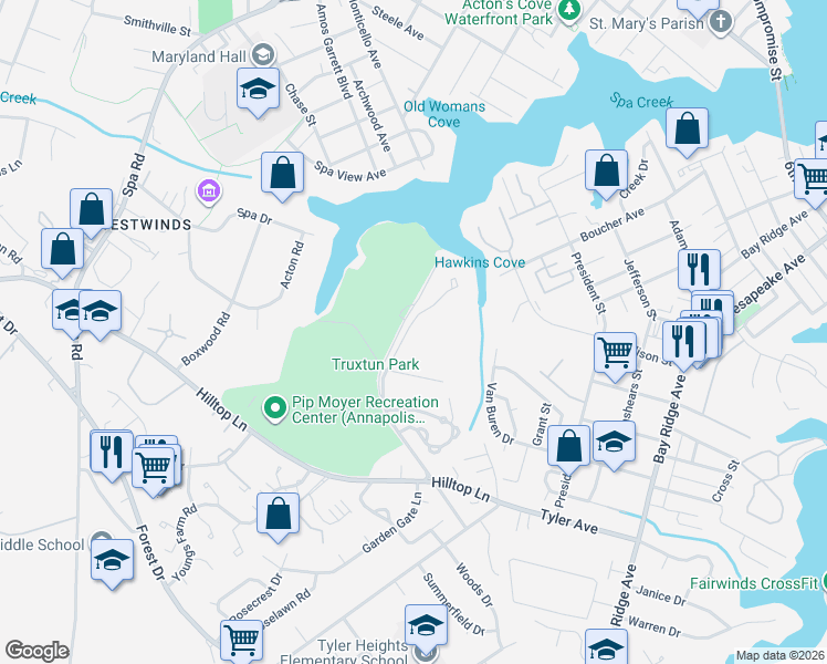 map of restaurants, bars, coffee shops, grocery stores, and more near 1002 Primrose Road in Annapolis