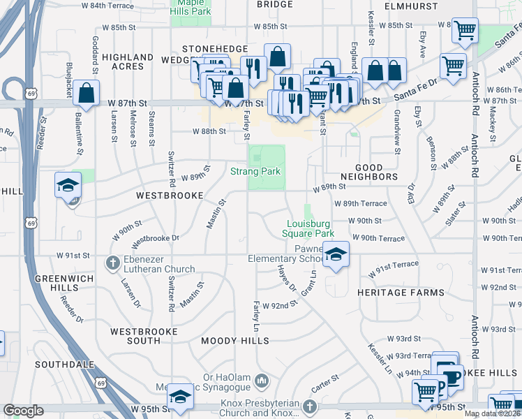 map of restaurants, bars, coffee shops, grocery stores, and more near 9008 Connell Drive in Overland Park