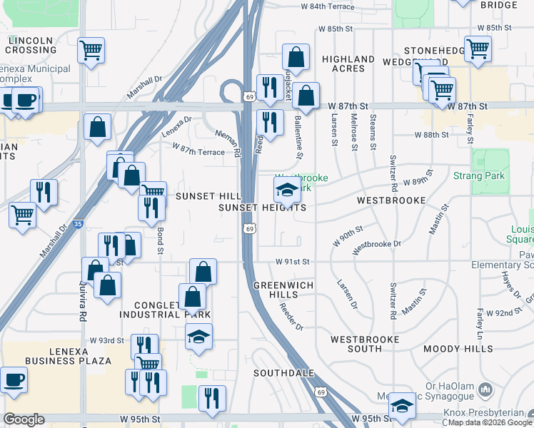 map of restaurants, bars, coffee shops, grocery stores, and more near 9009 Reeder Street in Overland Park