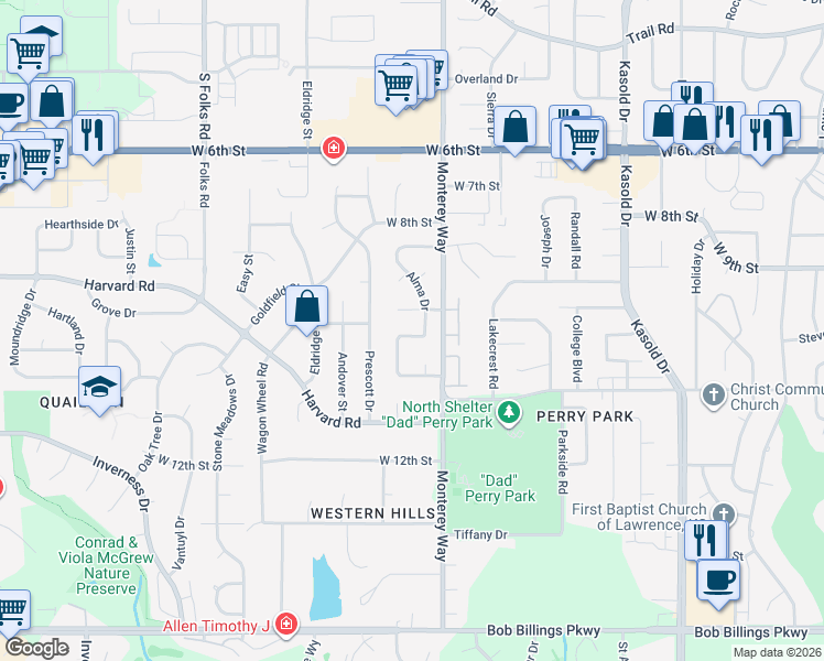 map of restaurants, bars, coffee shops, grocery stores, and more near 3905 West 10th Place in Lawrence