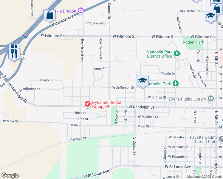 map of restaurants, bars, coffee shops, grocery stores, and more near 1830 Paula Lane in Vandalia