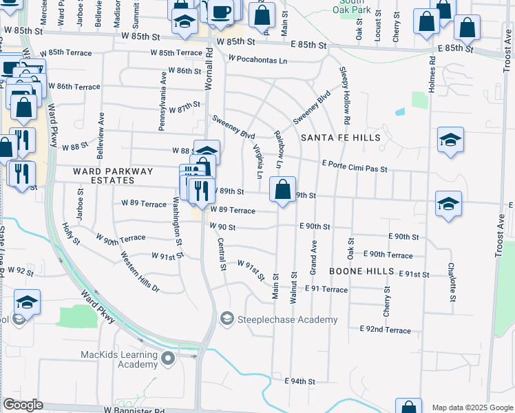 map of restaurants, bars, coffee shops, grocery stores, and more near 9 West 89 Terrace in Kansas City