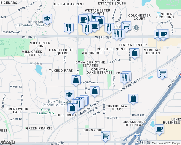 map of restaurants, bars, coffee shops, grocery stores, and more near 8933 Caenen Lake Road in Lenexa