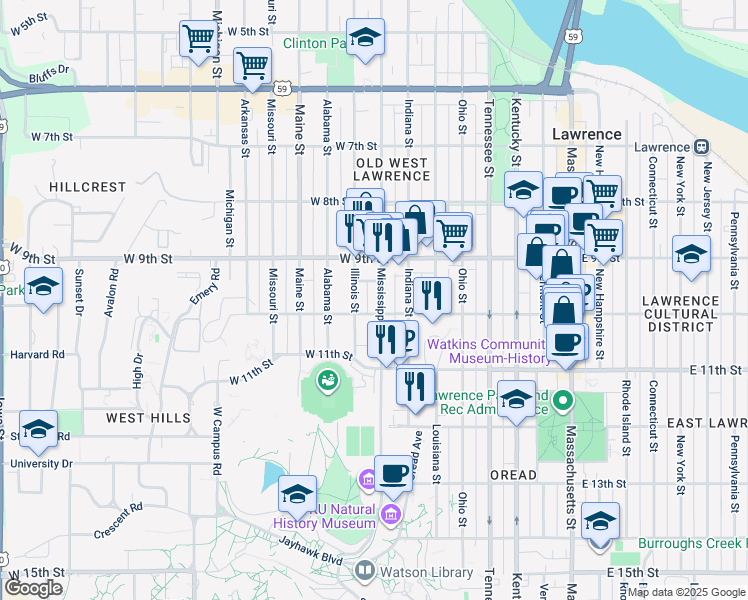 map of restaurants, bars, coffee shops, grocery stores, and more near 1000 Mississippi Street in Lawrence