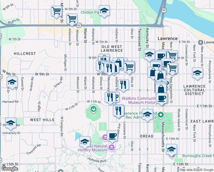 map of restaurants, bars, coffee shops, grocery stores, and more near 937 Mississippi Street in Lawrence